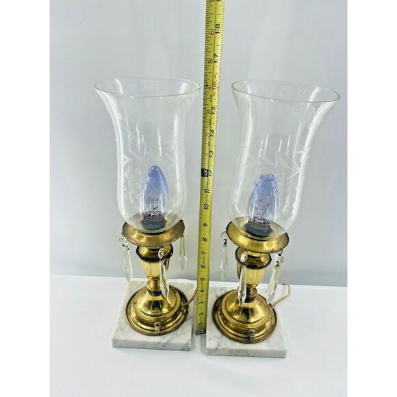 2 Hollywood Regency Candle Lamps MCM Hurricane Marble Brass w Glass Prisms 16" - Picture 8 of 12